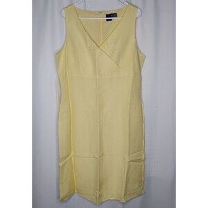 Basic Editions Linen Dress Womens 8 Pastel Yellow Sleeveless Empire Waist V-Neck